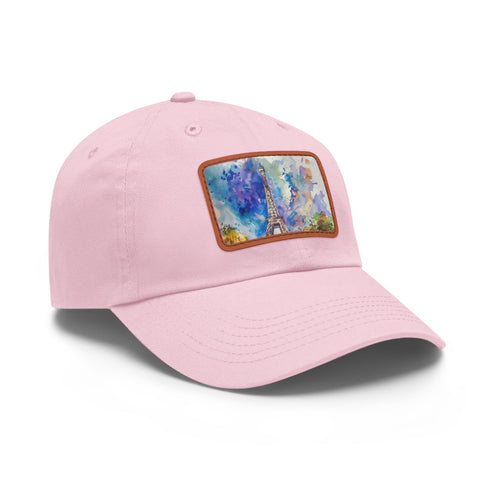 White Eiffel Tower watercolor print baseball cap with rectangle patch.