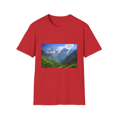 Charcoal cotton T-shirt with majestic snow-capped peaks graphic design
