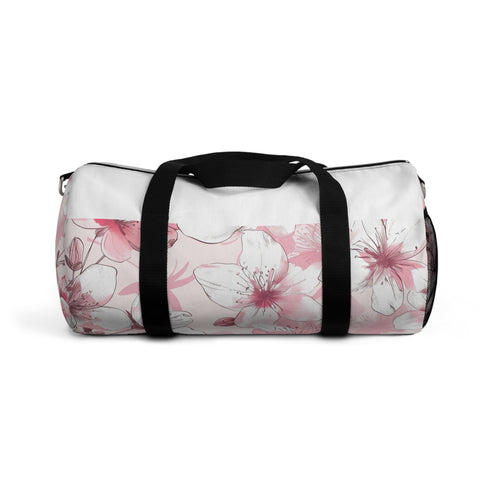 Cherry Blossom Duffel Bag with pink and white floral pattern.