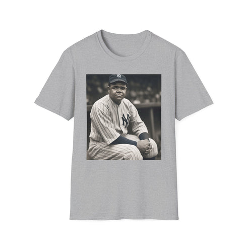 Charcoal cotton crew neck T-shirt with Babe Ruth watercolor illustration