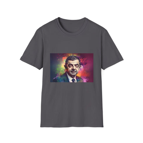 Charcoal crew neck cotton T-shirt with vibrant neon Rowan Atkinson design