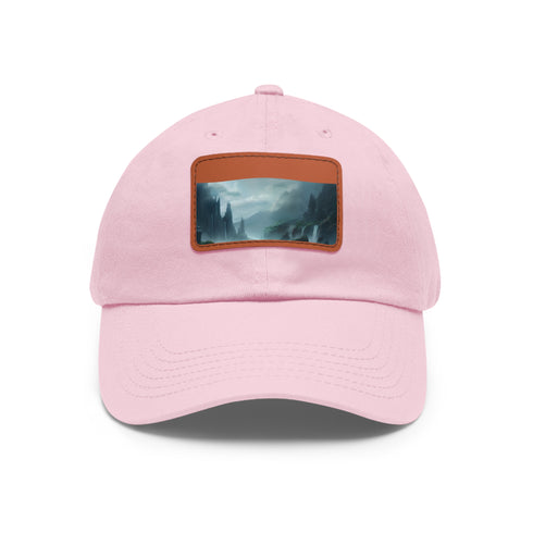 White cotton baseball hat with mystic horizon landscape design.