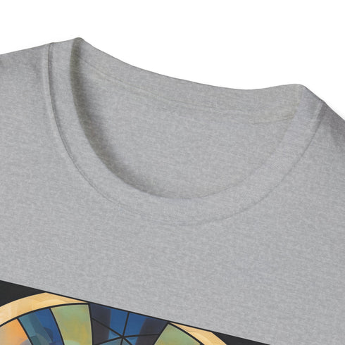 Charcoal cotton t-shirt with vibrant geometric art deco patterns