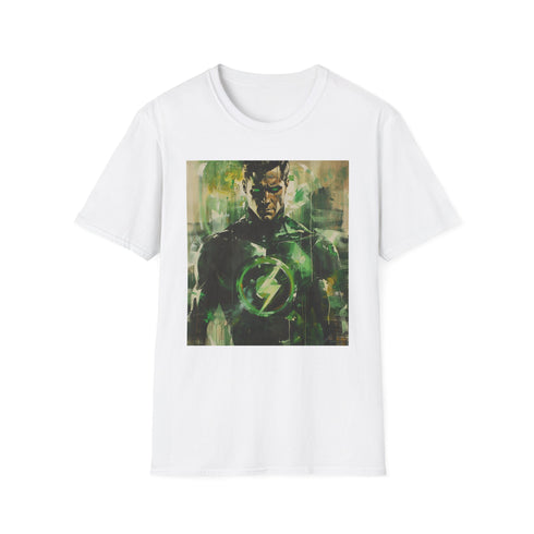 Charcoal Green Lantern T-shirt with vivid painting of superhero's cosmic powers