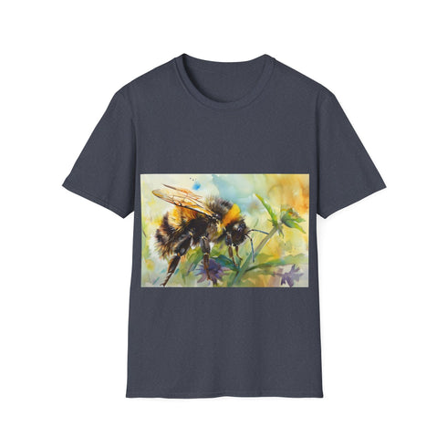 Charcoal cotton t-shirt with vibrant bumblebee watercolor design and crew neck