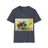 Charcoal cotton t-shirt with vibrant bumblebee watercolor design and crew neck