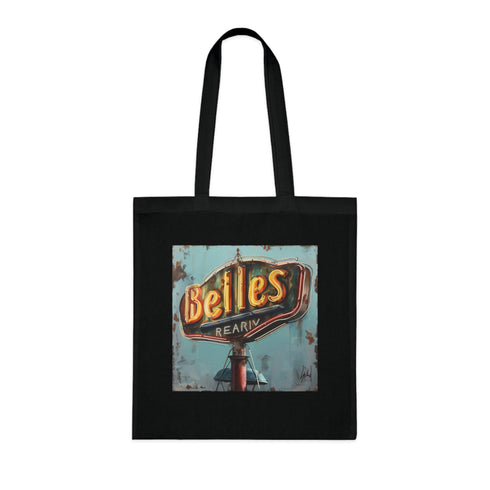 Vintage black cotton tote bag with retro diner sign design.