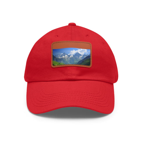 French Alps inspired white baseball cap with light brown patch.