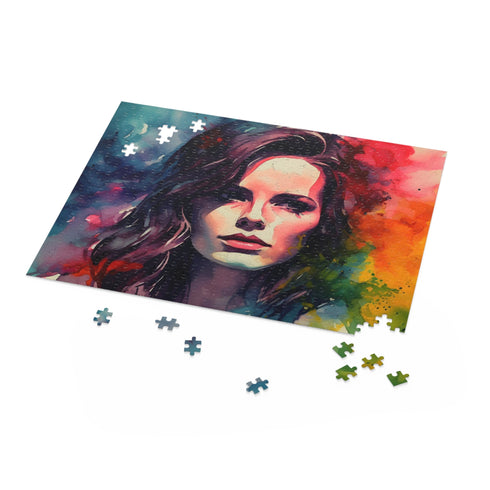 Kate Beckinsale watercolor puzzle in vibrant neon colors.