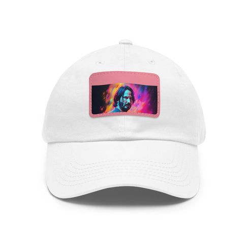 Neon watercolor Keanu Reeves baseball cap with light brown patch.