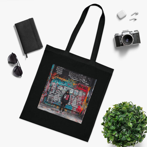 Edgy black cotton tote bag with urban typography design.