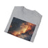 Charcoal cotton galaxy painting t-shirt with vibrant celestial pattern