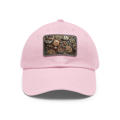 Steampunk cap with gears on white cotton fabric rectangle patch.