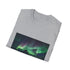 Charcoal cotton T-shirt featuring vibrant aurora borealis design evoking celestial wonder