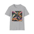Charcoal cotton T-shirt with vibrant abstract art deco patterns