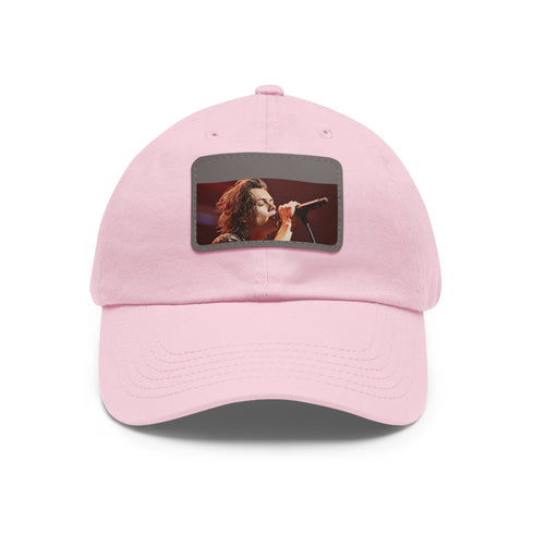 Harry Styles white baseball cap with light brown patch.