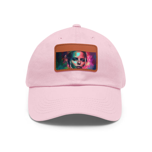 Neon watercolor charm baseball cap with light brown patch, rectangle shape.