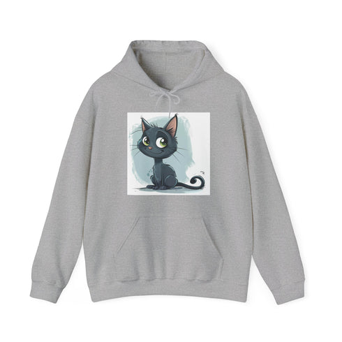 Cat-themed navy hoodie with whimsical cartoon cat design for adventures.