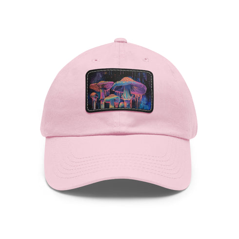 Psychedelic Mushroom Trucker Hat, White with Light Brown Rectangle Patch