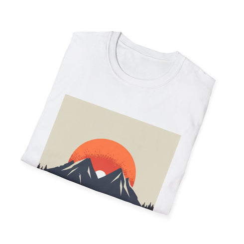 Minimalist charcoal t-shirt with sunrise over mountain peaks design.