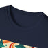 Psychedelic charcoal T-shirt with groovy 70s ocean-inspired pattern cotton crew neck