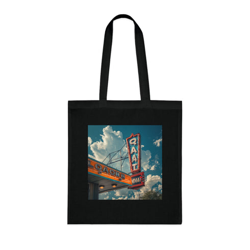Vintage black cotton tote bag with retro diner sign design.