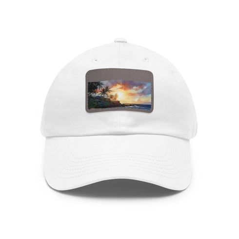 Hawaiian beach print baseball cap in white with brown patch.