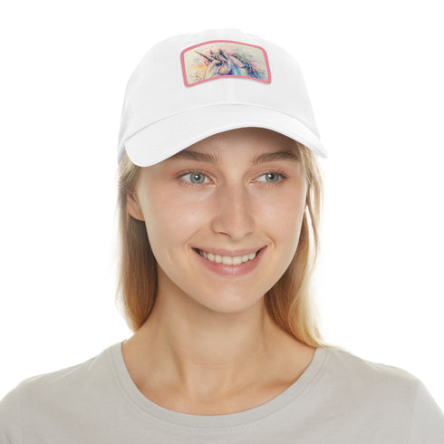 Watercolor unicorn cap in white with light brown patch, rectangular shape.