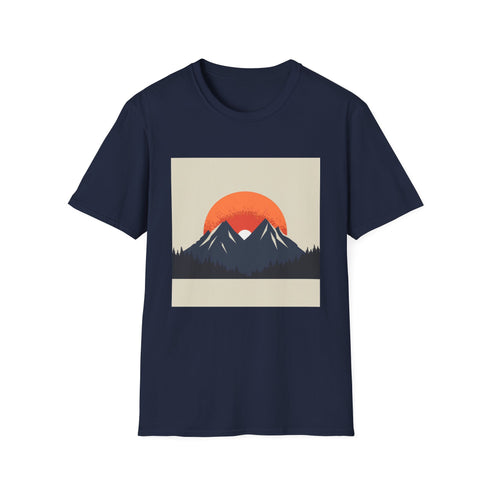 Minimalist charcoal crew neck t-shirt with mountain sunrise design.