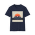 Minimalist charcoal crew neck t-shirt with mountain sunrise design.
