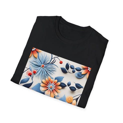 Vibrant charcoal cotton T-shirt with colorful floral pattern and crew neck
