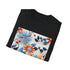 Vibrant charcoal cotton T-shirt with colorful floral pattern and crew neck