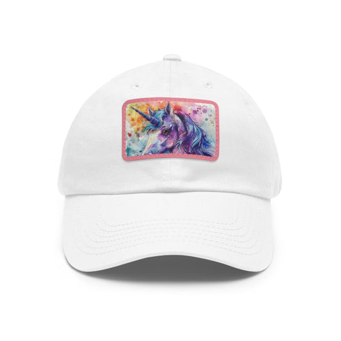 Magical unicorn watercolor baseball cap in white with light brown patch.