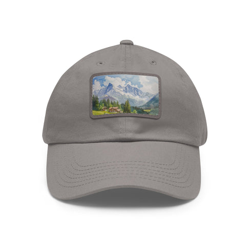 Swiss Alps watercolor baseball cap in white with light brown patch.