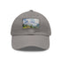 Swiss Alps watercolor baseball cap in white with light brown patch.