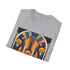 Charcoal cotton T-shirt with vibrant geometric art deco pattern