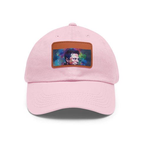 Vibrant neon watercolor cap featuring Elon Musk design on white/light brown patch.