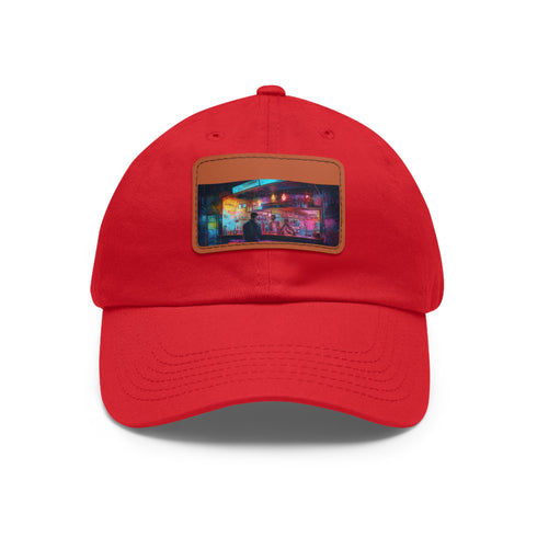 Vibrant neon watercolor splash baseball cap, white with light brown patch.