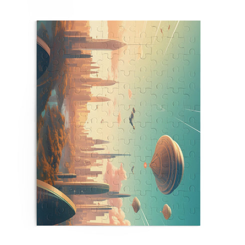 Futuristic flying cityscape puzzle with skyscrapers and flying cars.