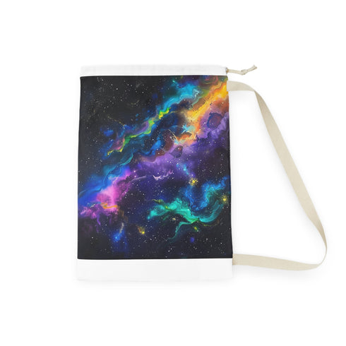 Neon space galaxy laundry bag with eye-catching color pop design.