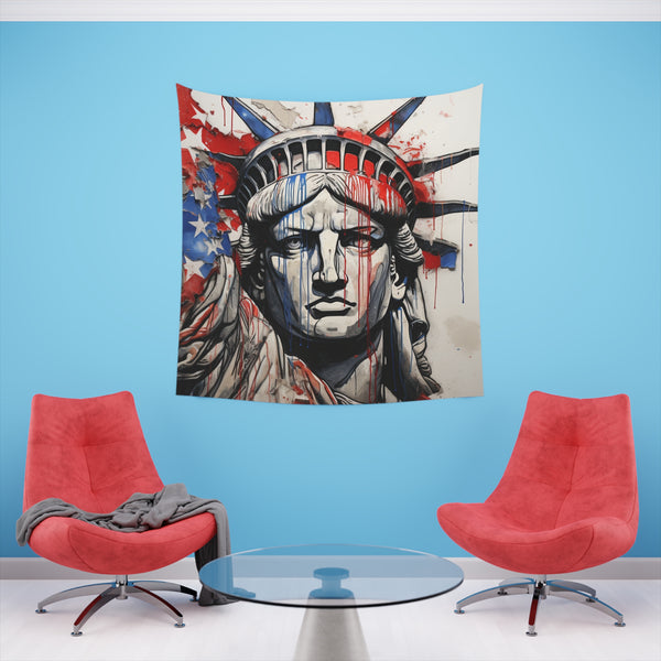 Abstract Americana: A Flag Tapestry - Unique patriotic art with bold linework and vibrant colors, available in 34x40 or 57x57 sizes. Perfect gift! Shop now.