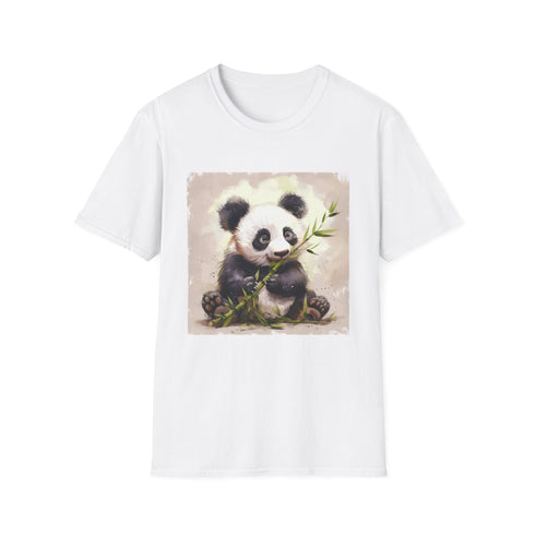 Charcoal cotton t-shirt featuring a relaxing panda munching bamboo graphic