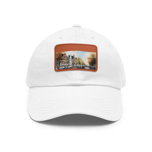 Amsterdam skyline snapback cap with white/light brown patch.