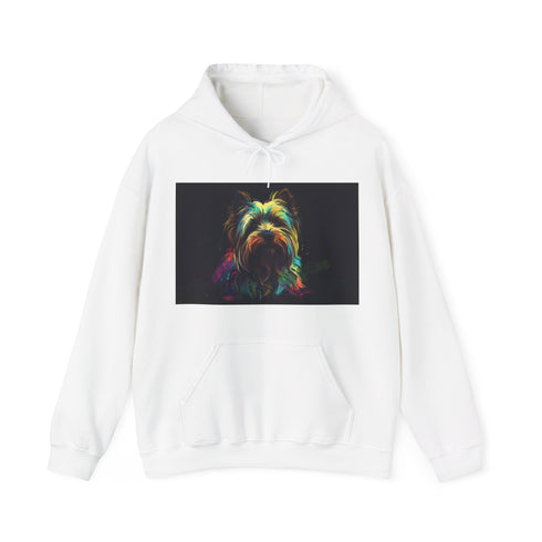Yorkie Furry Friend Navy Hoodie featuring watercolor Yorkshire Terrier illustration.