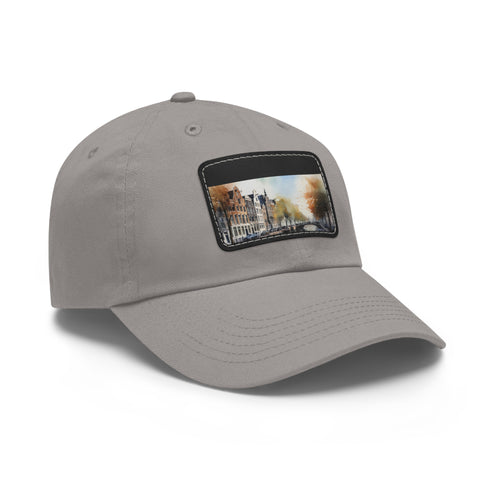Amsterdam skyline snapback cap with white light brown patch rectangle design.