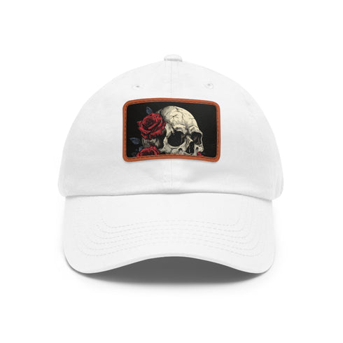 Gothic skull cap with intricate rose details on white rectangle patch.