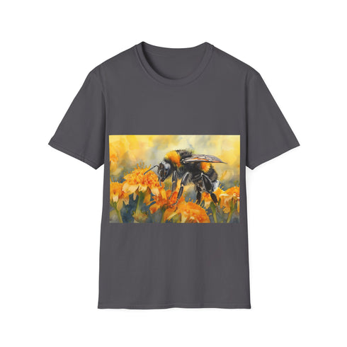 Bumblebee watercolor art tee in charcoal, size S, crew neck.