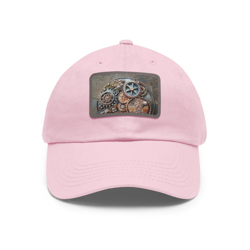 Steampunk baseball cap with gears and cogs, white and light brown.