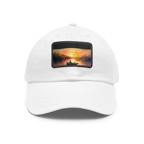 Sunset design white baseball cap with light brown rectangle patch.
