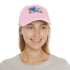 Eiffel Tower watercolor baseball cap in white with light brown patch.